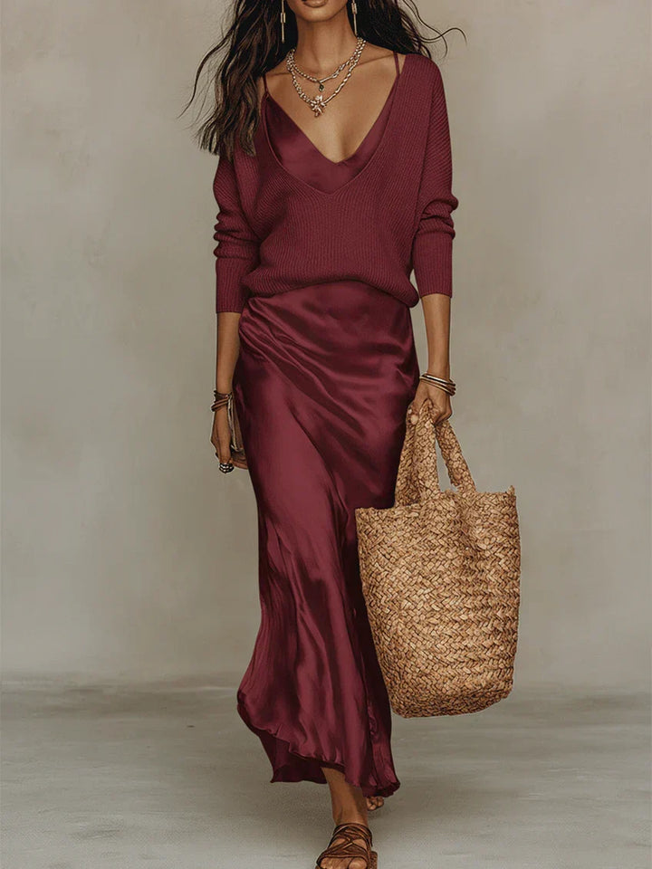Elena | Midi Satin Dress with Included Sweater