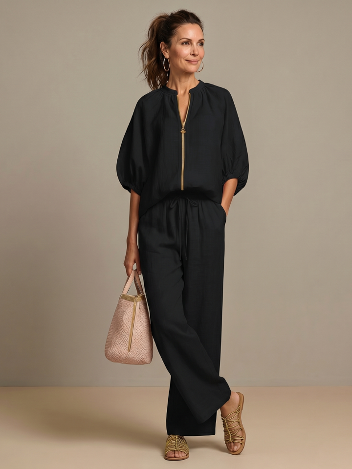 Natalia | Top Blouson with Zip and Wide Leg Pants
