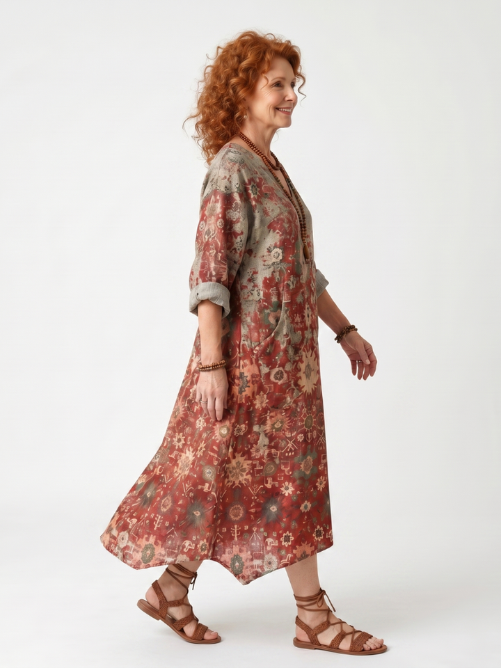 Saffron | Mixed Pattern Relaxed Pocket Midi Dress