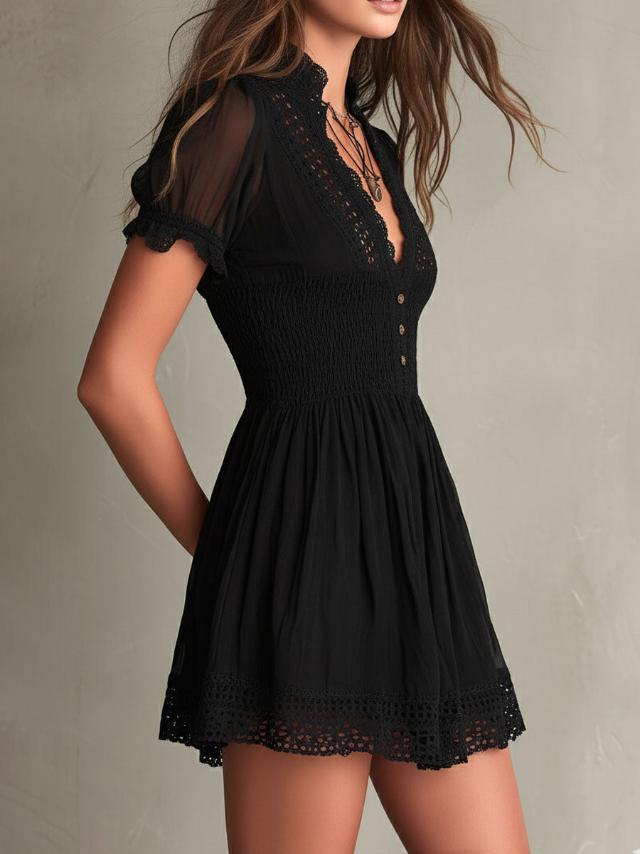 Mireille | Smocked Lace-Trim Mini Dress