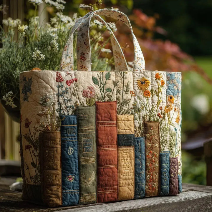 Books and Flowers | Handmade Quilted Tote Bag