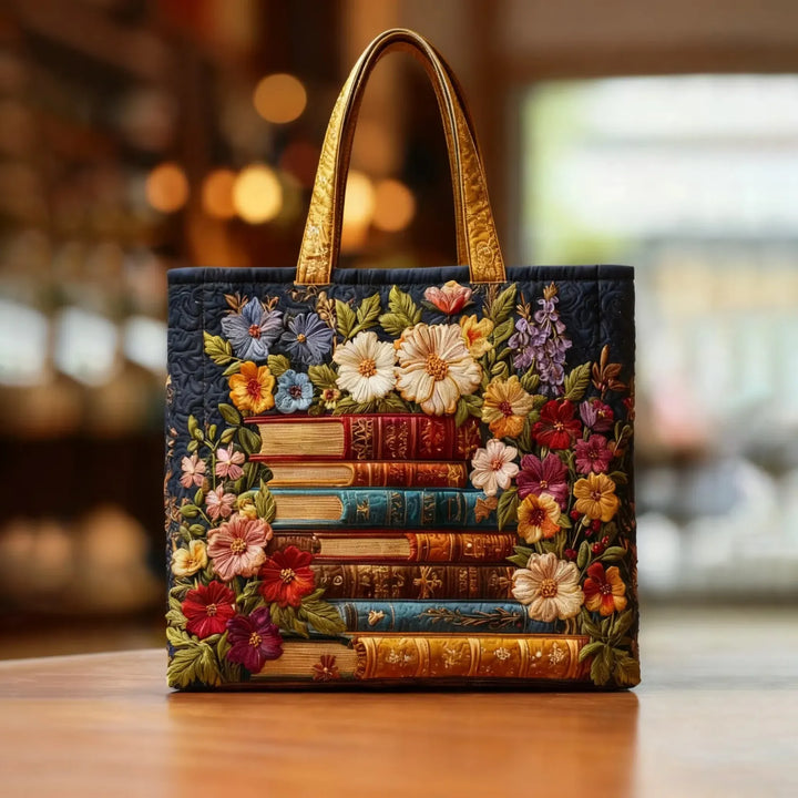 Floral Print and Books | Handmade Quilted Tote Bag