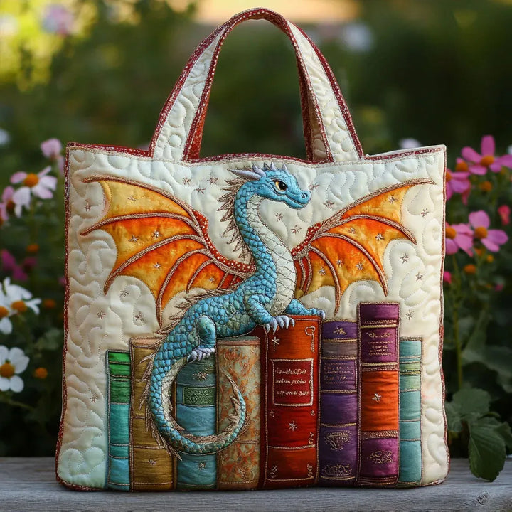 Emerald Dragon Keeper of Books | Handmade Quilted Tote Bag