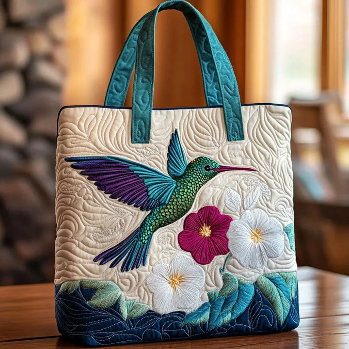 Hummingbird and White Flower | Handmade Quilted Tote Bag