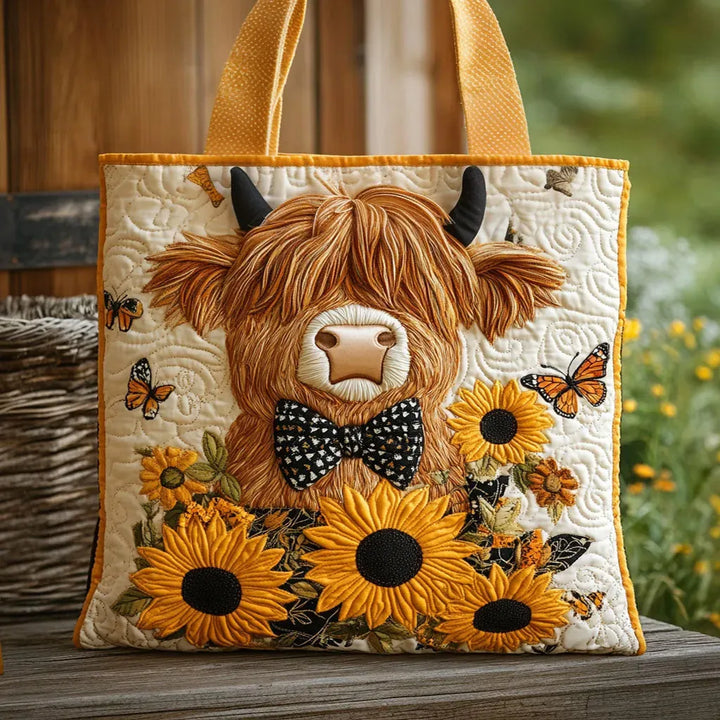 Highland Cow with Sunflowers | Handmade Quilted Tote Bag
