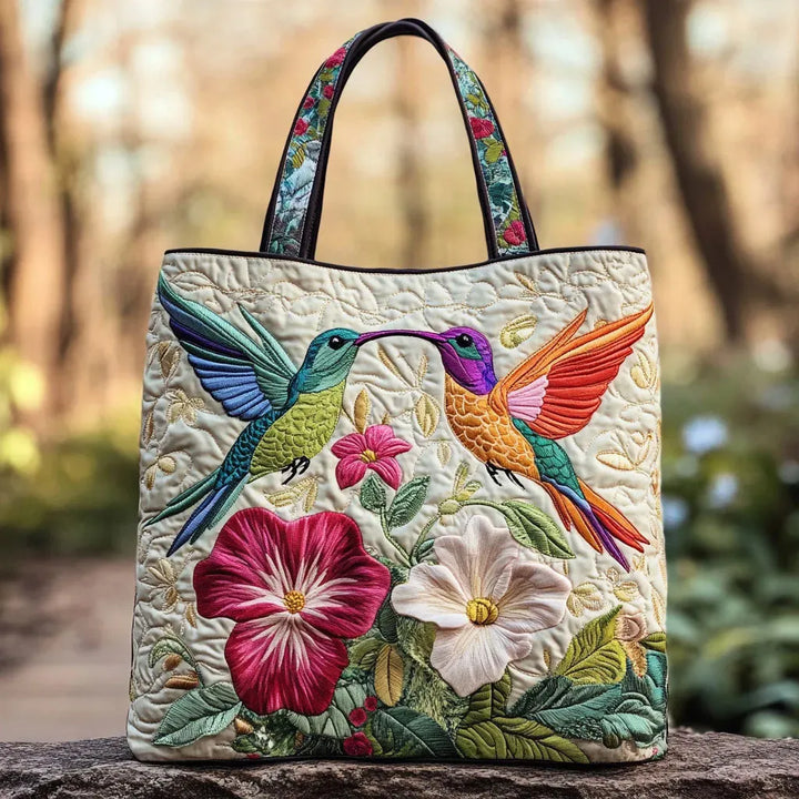 Hummingbird and White Flowers | Handmade Quilted Tote Bag