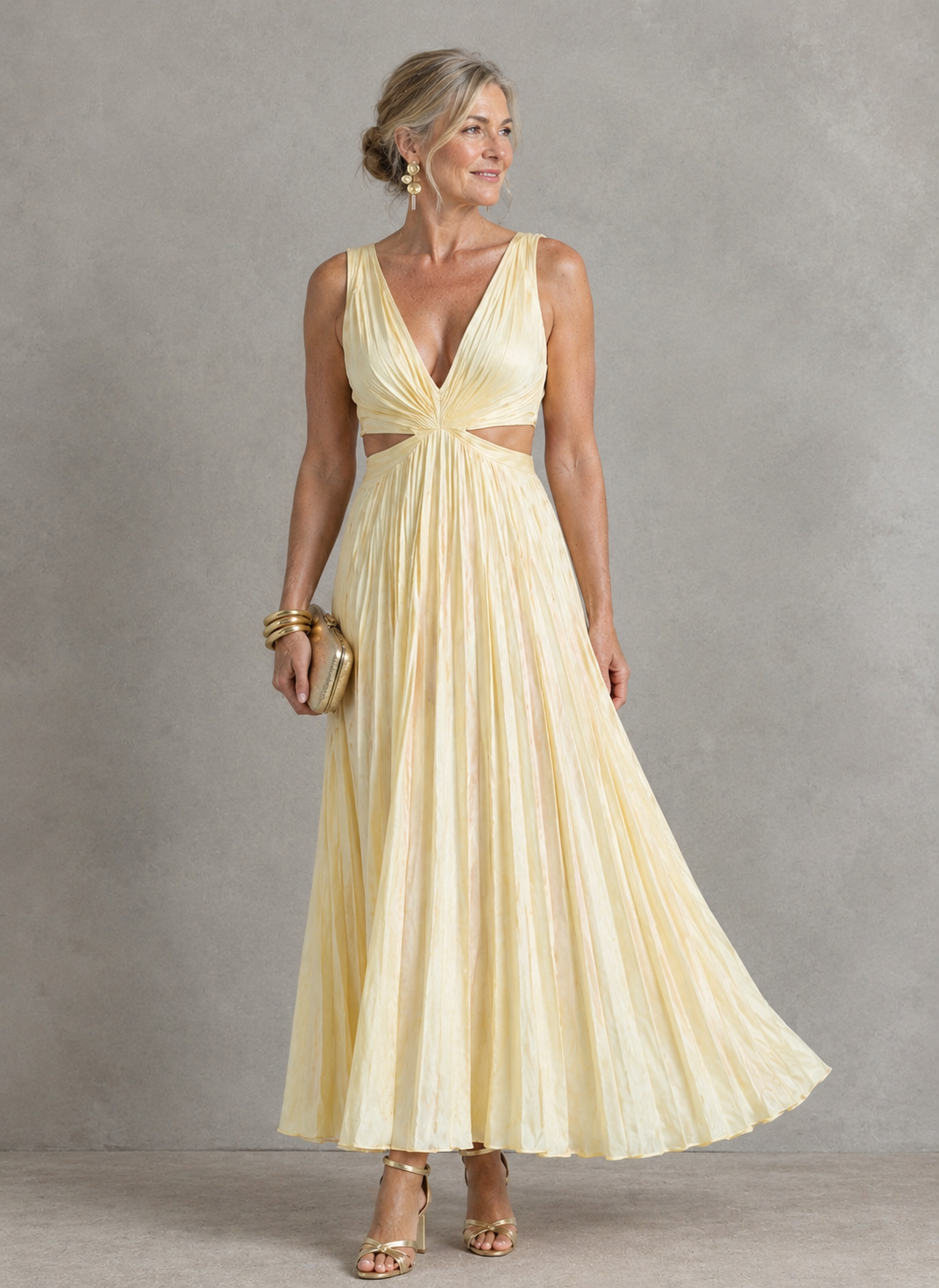 Giselle | Pleated Cutout Waist Midi Dress