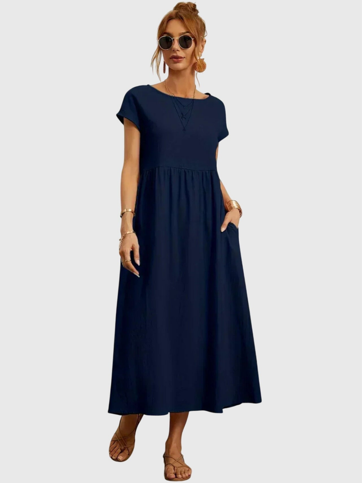 Nora | Linen Gathered Waist Midi Dress