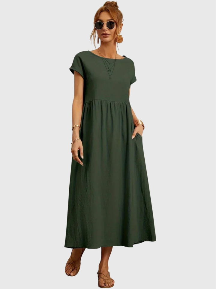 Nora | Linen Gathered Waist Midi Dress