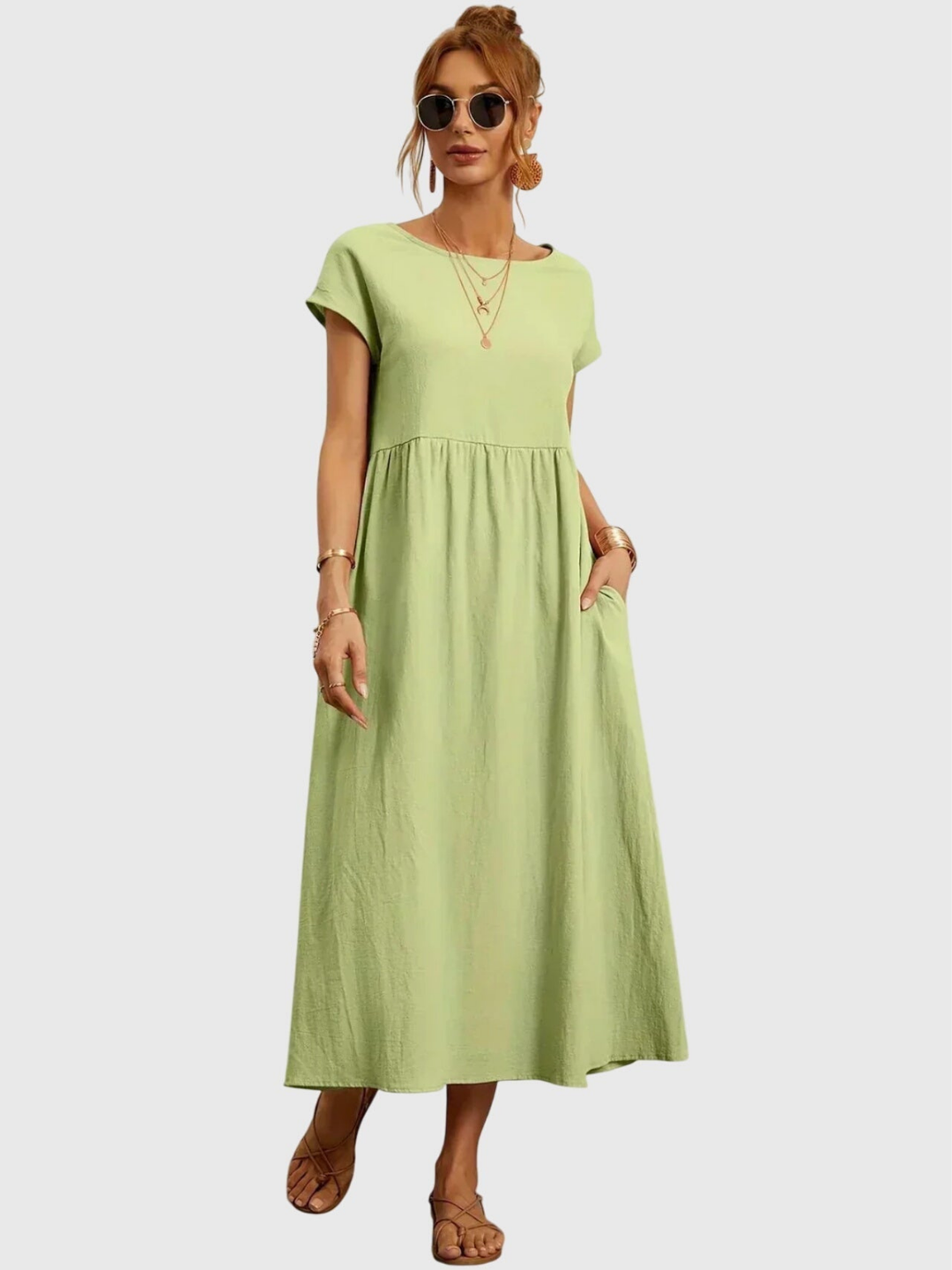Nora | Linen Gathered Waist Midi Dress