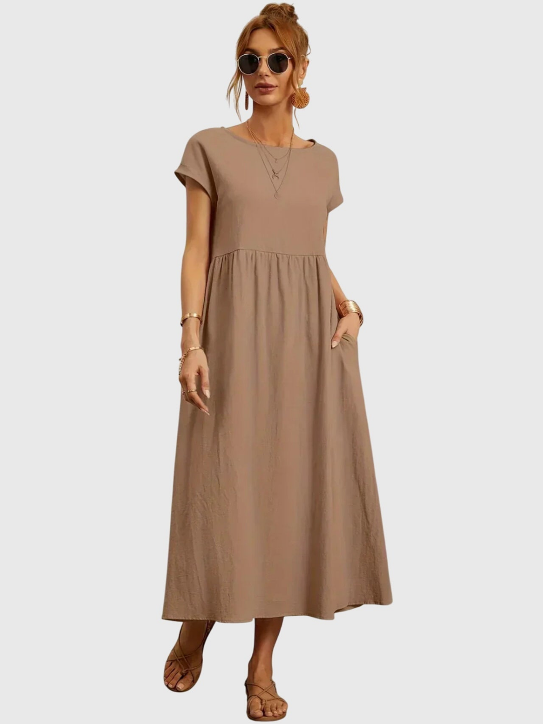 Nora | Linen Gathered Waist Midi Dress