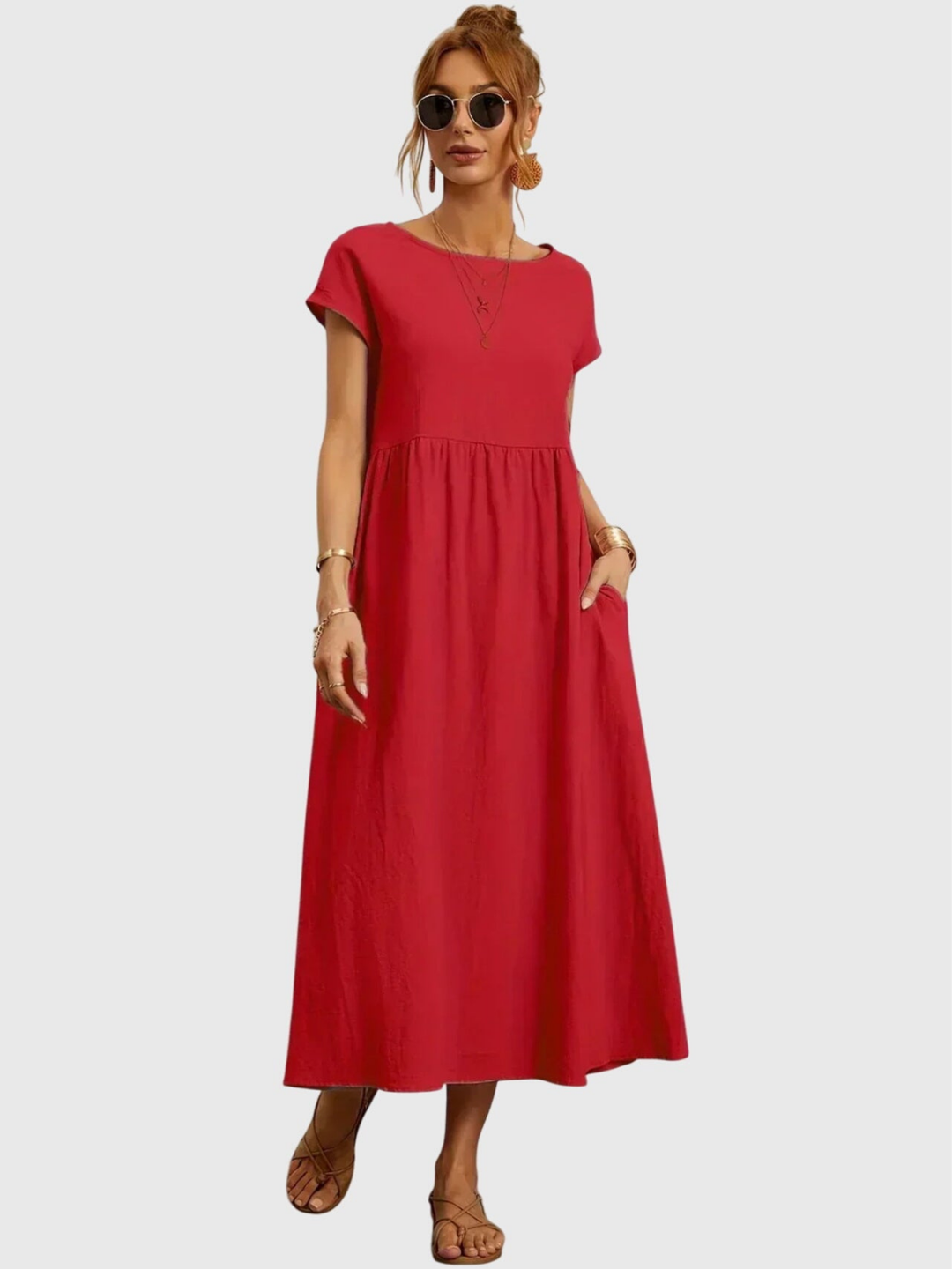 Nora | Linen Gathered Waist Midi Dress
