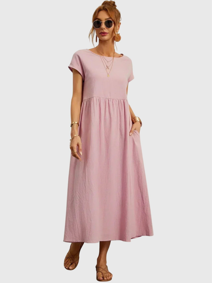 Nora | Linen Gathered Waist Midi Dress