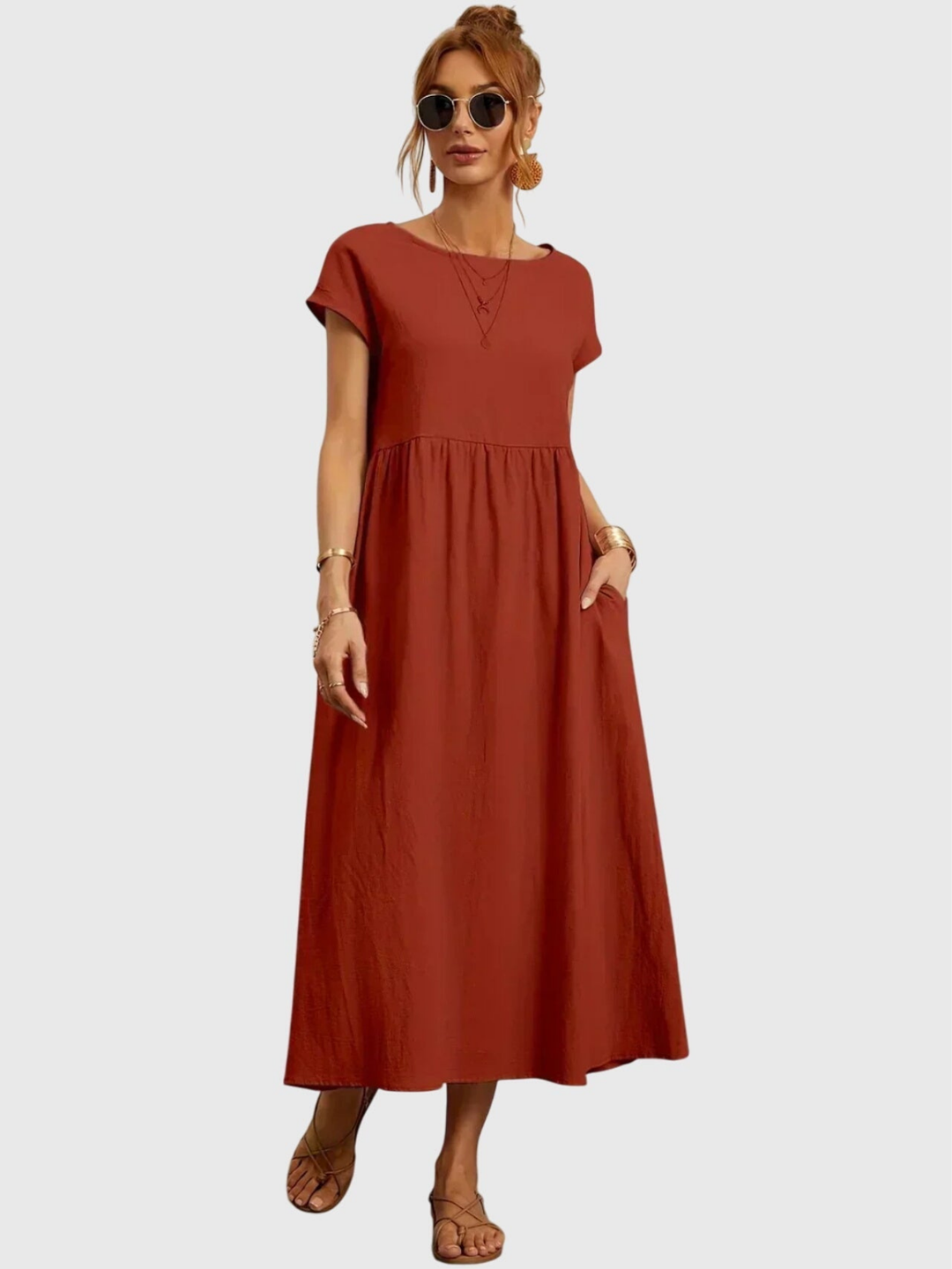 Nora | Linen Gathered Waist Midi Dress