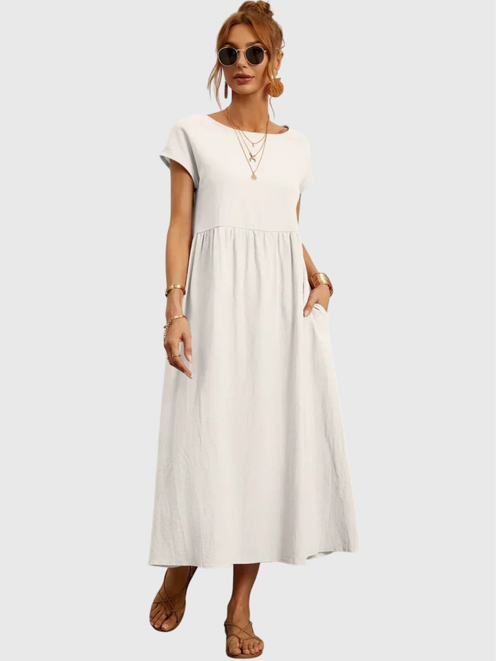 Nora | Linen Gathered Waist Midi Dress