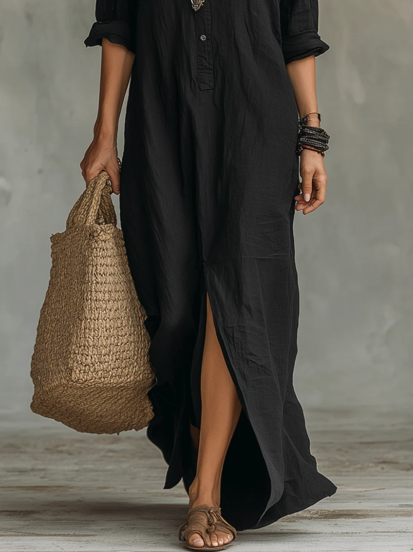 Alessia - Soft Black Maxi Dress with Buttons