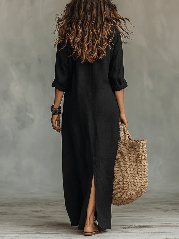 Alessia - Soft Black Maxi Dress with Buttons