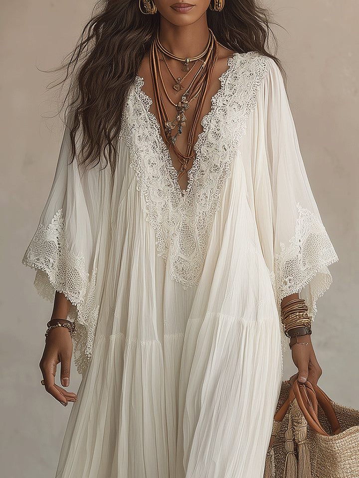 Adelaida | Vestido largo de gasa color marfil con mangas de murciélago y encaje blanco