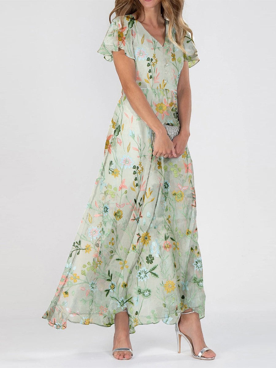 Elodie | Floral Ruffle V-Neck Maxi Dress