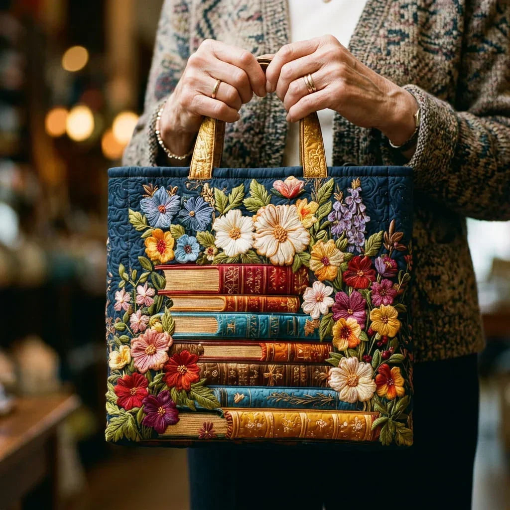 Floral Print and Books | Handmade Quilted Tote Bag