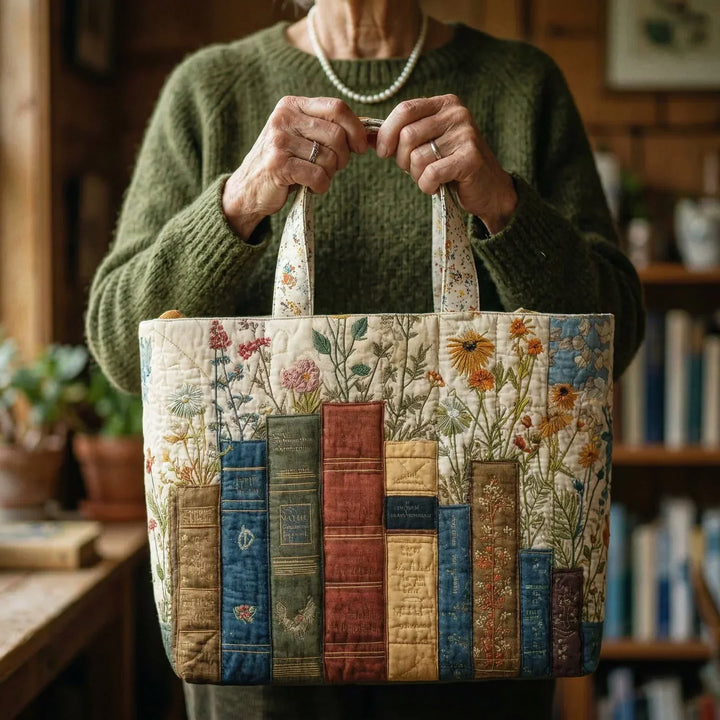 Books and Flowers | Handmade Quilted Tote Bag