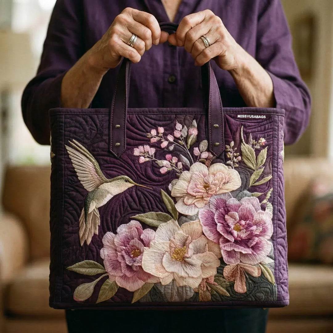 Hummingbirds and Orchids | Handmade Quilted Tote Bag