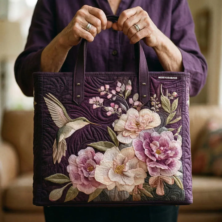 Hummingbirds and Orchids | Handmade Quilted Tote Bag