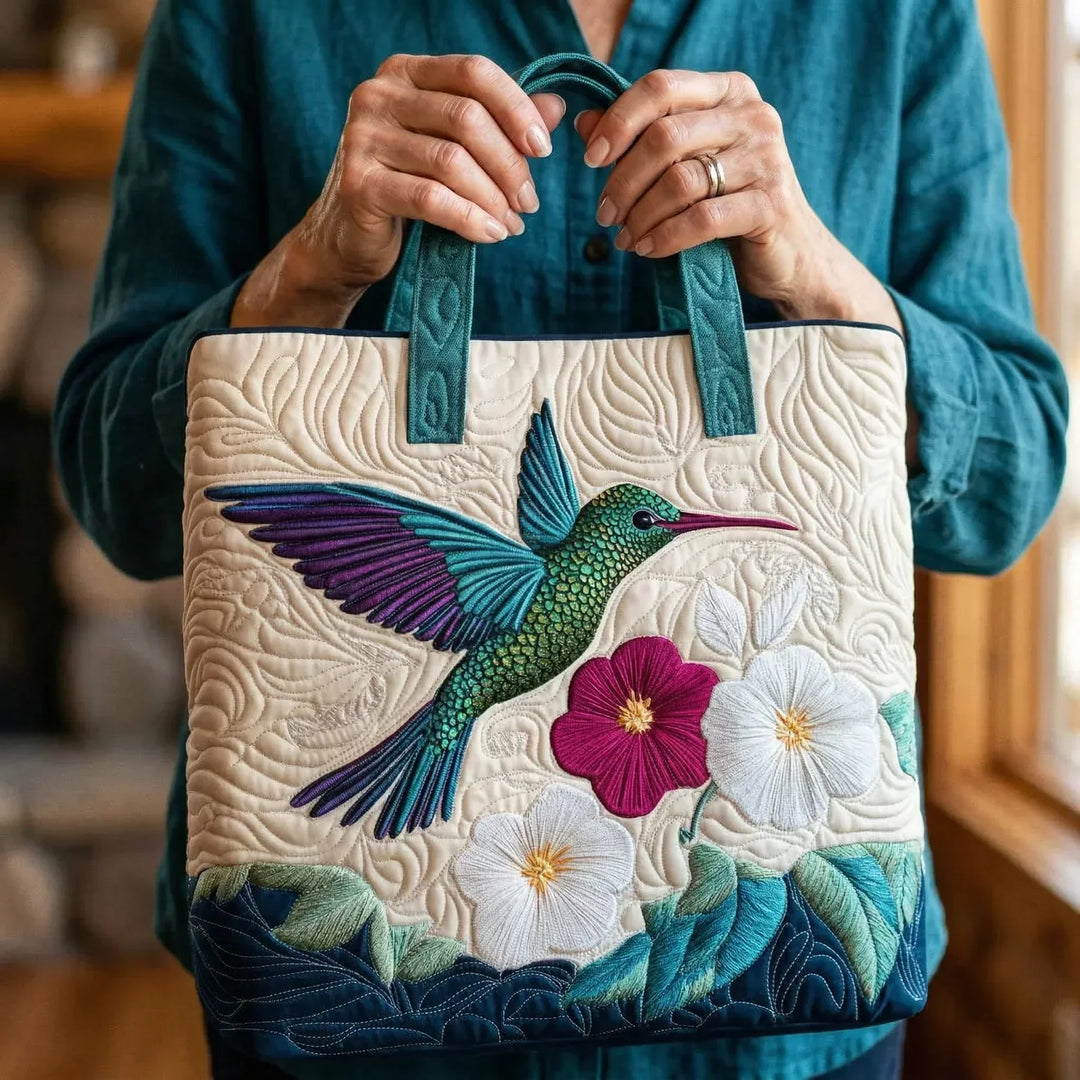 Hummingbird and White Flower | Handmade Quilted Tote Bag