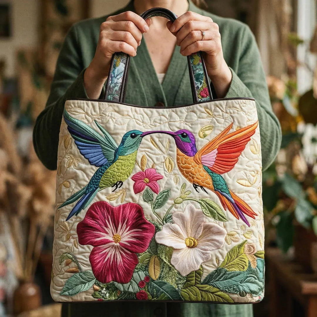 Hummingbird and White Flowers | Handmade Quilted Tote Bag