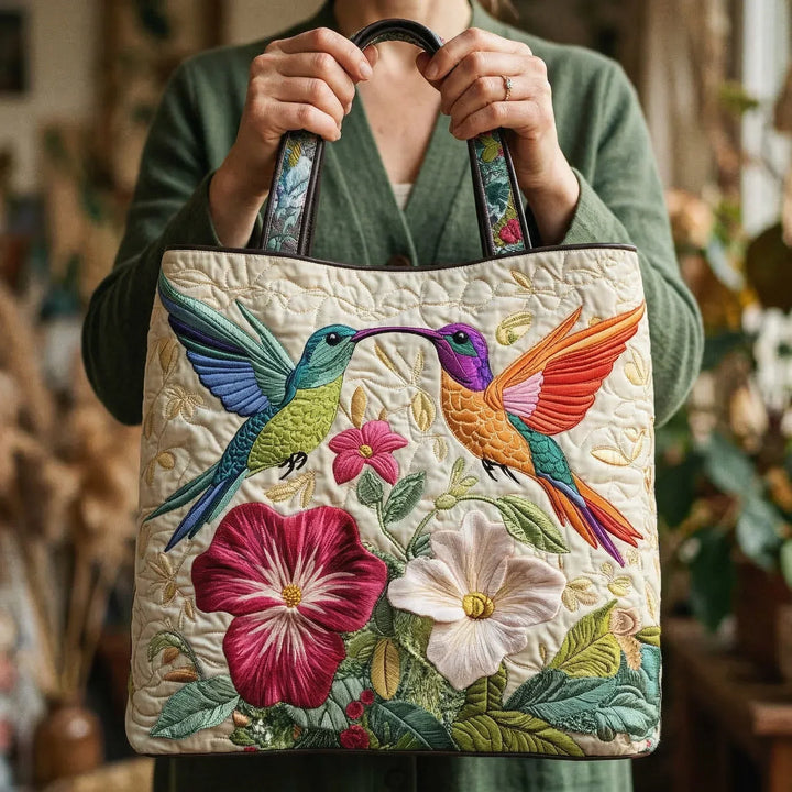 Hummingbird and White Flowers | Handmade Quilted Tote Bag