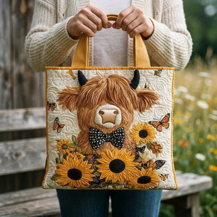 Highland Cow with Sunflowers | Handmade Quilted Tote Bag