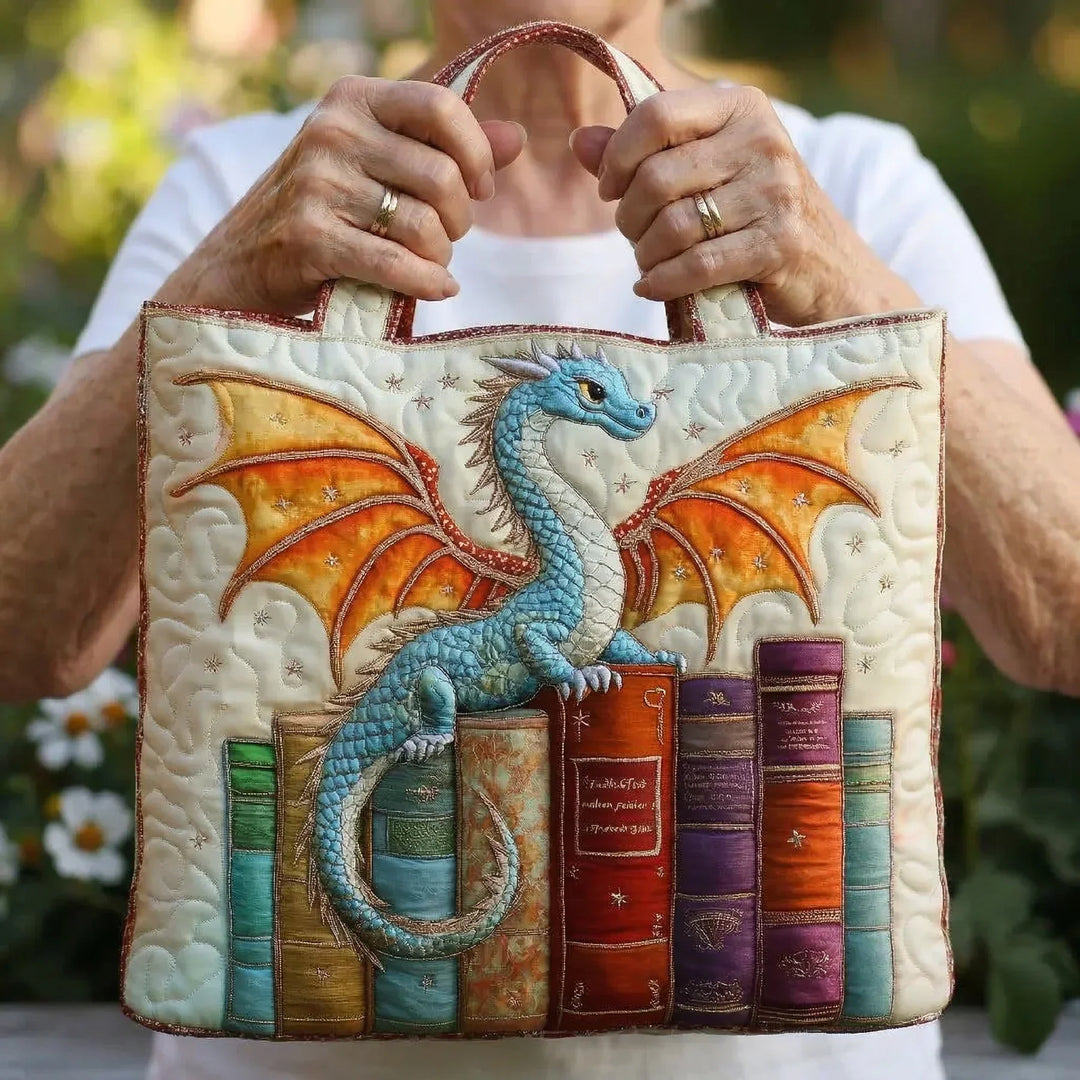 Emerald Dragon Keeper of Books | Handmade Quilted Tote Bag