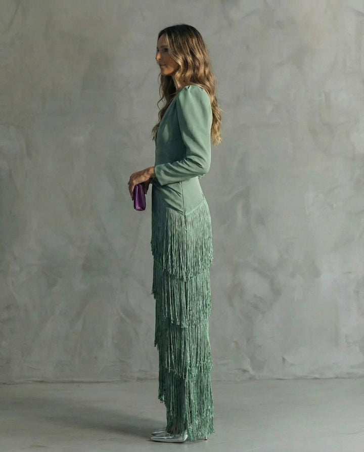 Camille | Fringe Sleeve Midi Dress