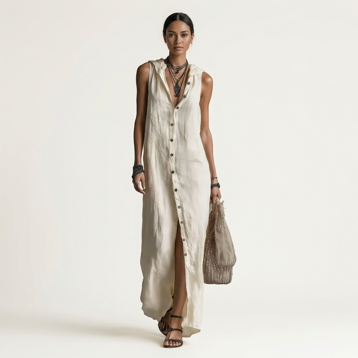 Mirabell | Hooded Button-Front Sleeveless Linen Maxi Dress
