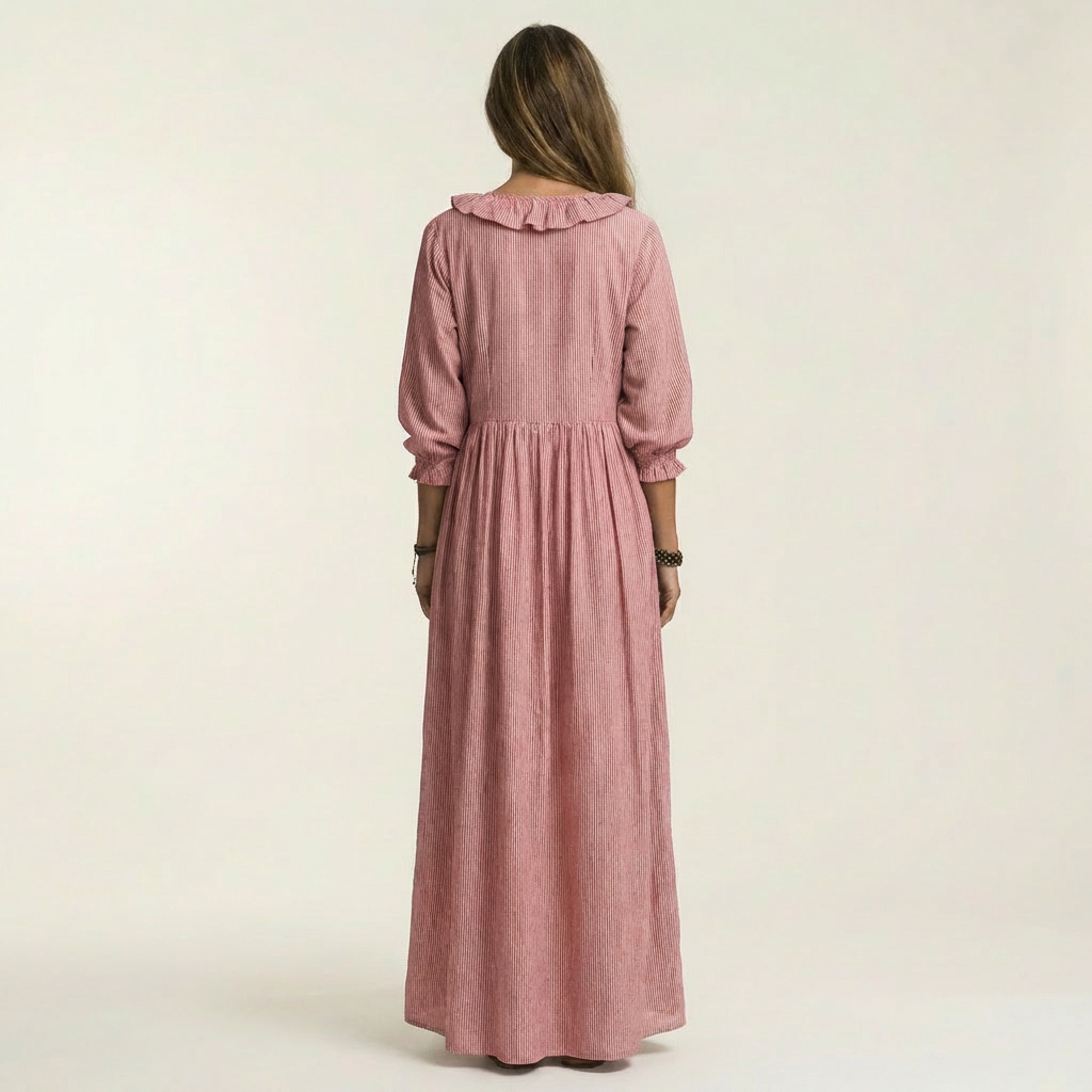 Yosetta | Ruffle V-Neck Striped Lantern-Sleeve Maxi Dress