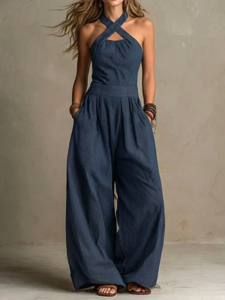 Bianca | Elegant linen and cotton jumpsuit with crossover neckline