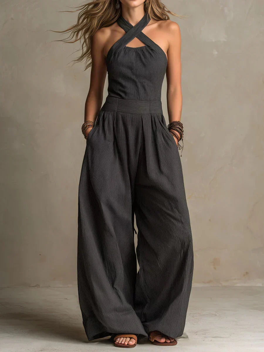 Bianca | Elegant linen and cotton jumpsuit with crossover neckline
